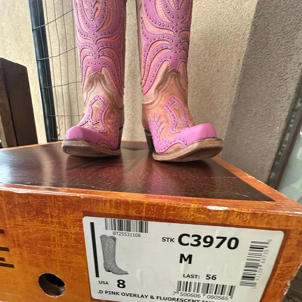 PINK FLUORESCENT EMBROIDERY AND STUDS SNIP TOE COWBOY BOOT - Picture 2 of 6